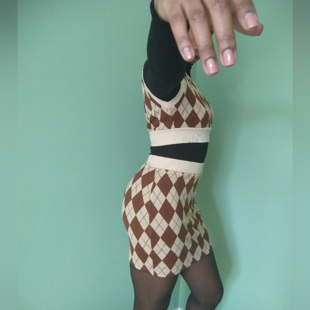Shein Brown And Cream Argyle Pattern Sweater Two … - image 3